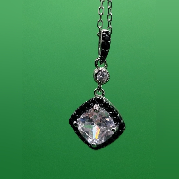 Cushion Cut CZ & Black CZ Halo Pendant and Chain, Sterling Silver 923 - Picture 3 of 10